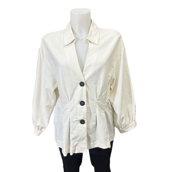 Free‎ People Classic Chic Buttoned Collar Cream Top Cinched waist sz L Slimming - Picture 1 of 9